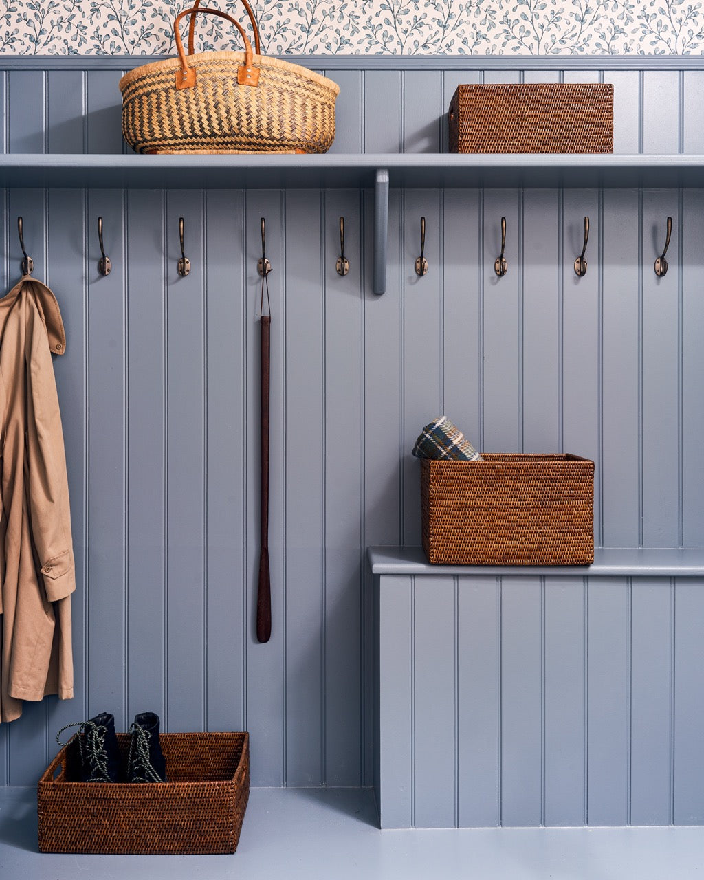 Baskets and storage in a boot room
