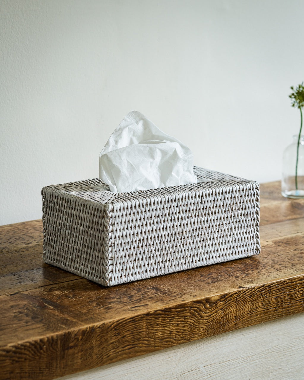 Heho rattan tissue box cover, rectangular in white, side view