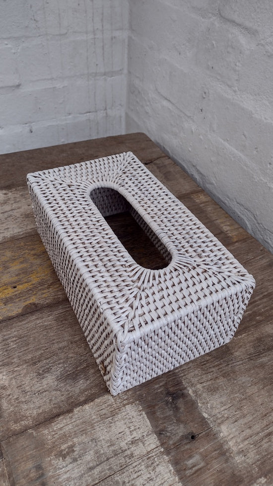 Wonky Heho Rattan Tissue Box Cover | Rectangle | White