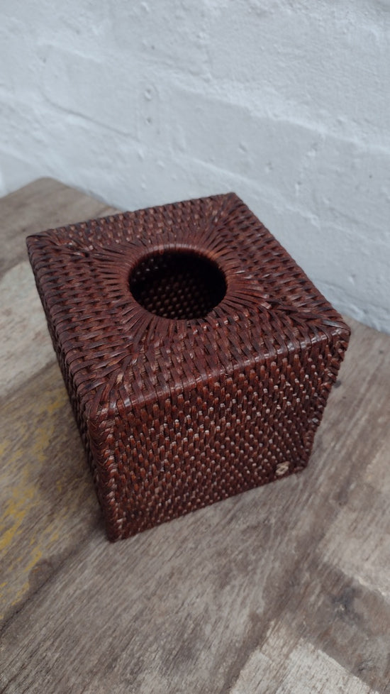 Wonky Heho Rattan Tissue Box Cover | Square | Brown