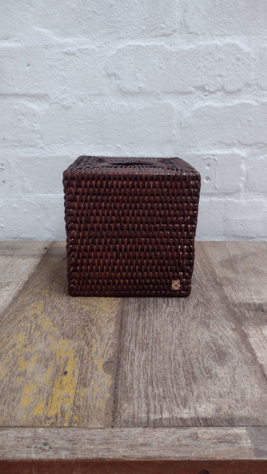 Wonky Heho Rattan Tissue Box Cover | Square | Brown