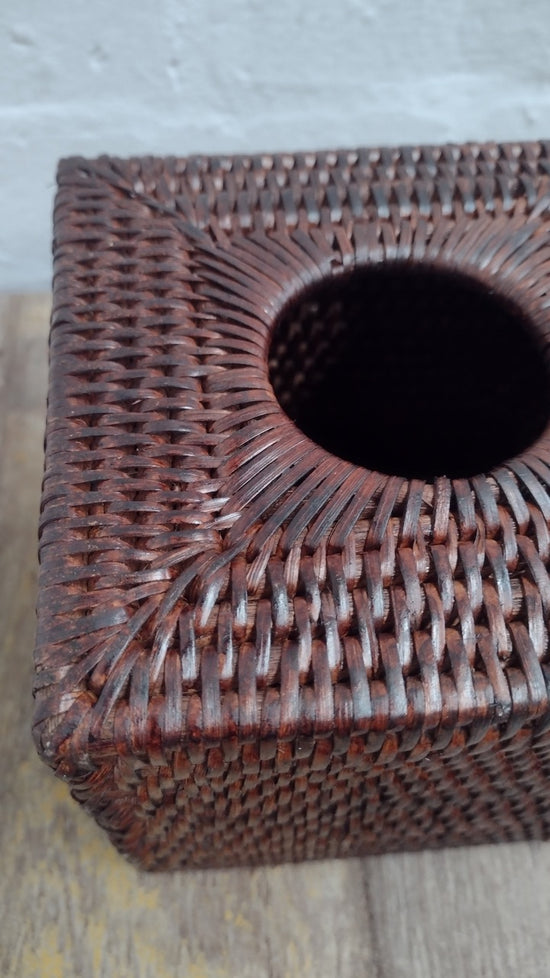 Wonky Heho Rattan Tissue Box Cover | Square | Brown