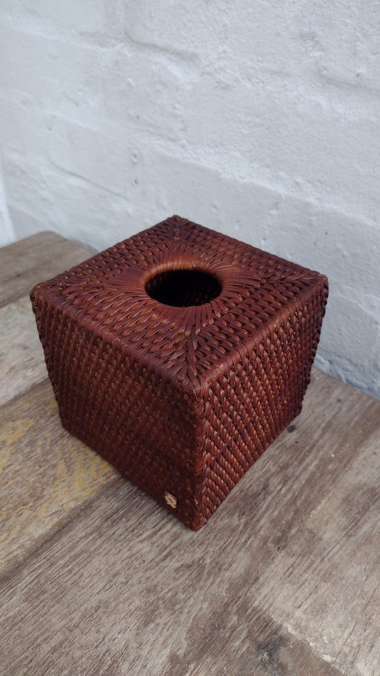Wonky Heho Rattan Tissue Box Cover | Square | Brown