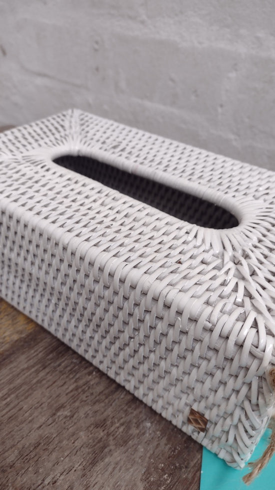 Wonky Heho Rattan Tissue Box Cover | Rectangle | White